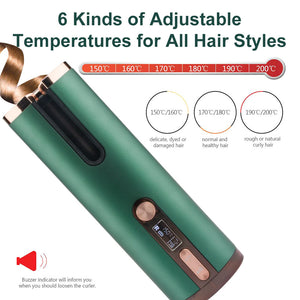 Cordless Automatic Hair Curler | Adjustable Temperature | Green