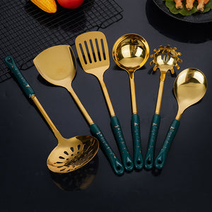 White Gold Stainless Steel Kitchen Utensil Set | 7-Piece Golden Cooking Tools with Stand