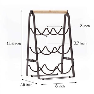 Folding Metal Wine Rack | Space-Saving | 6-Bottle Storage Organizer with Wooden Handle