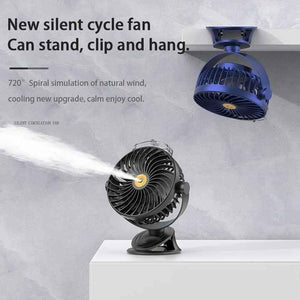 Black Portable Clip-On Mist Fan | Rechargeable Cooling Fan | Adjustable Spray Modes | Compact Design