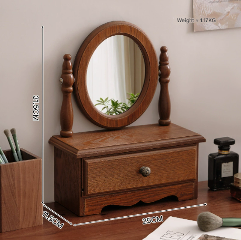 Wooden Tabletop Vanity Mirror | Round Design with Drawer | Elegant & Stylish