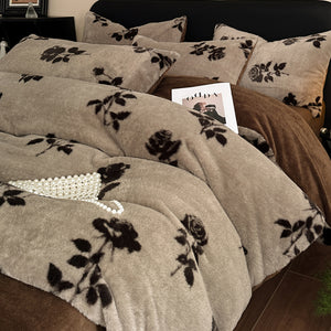 Brown Rose Motif Luxury Winter Faux Rabbit Fur Bedding Set | 4-Piece Melange Plush Set | 1.8m Beds | 200x230cm Duvet Cover