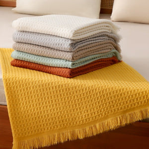 Caramel Nordic Knitted Sofa Throw | 130x230cm | Solid Color | Waffle Weave Polyester | Tassels