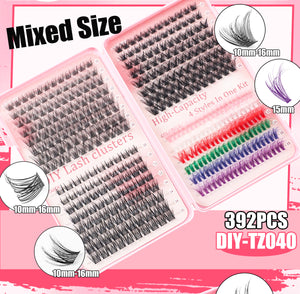 392 Eyelashes Set DIY Lash Clusters Kit | High-Capacity | 4 Styles | Black & Colorful Lashes