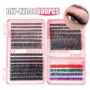 600 Eyelashes Set DIY Lash Clusters Kit | High-Capacity | 4 Styles | Black & Colorful Lashes