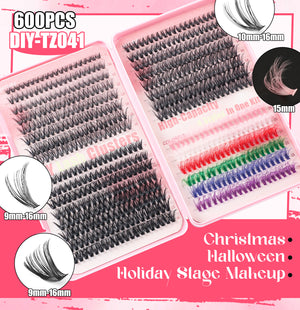 600 Eyelashes Set DIY Lash Clusters Kit | High-Capacity | 4 Styles | Black & Colorful Lashes