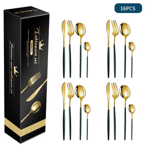 Green And Gold Patchwork Colours | 410 Stainless Steel | 16-Piece Flatware Set | Elegant Dinnerware | Knife Fork Spoon | Service for 4