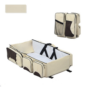 Beige-Brown Patchwork Baby Crib Mommy Bag | Foldable & Portable | Large Diaper Bag | Shoulder & Handheld Design