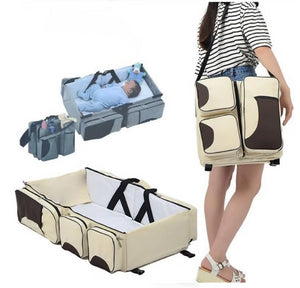 Beige-Brown Patchwork Baby Crib Mommy Bag | Foldable & Portable | Large Diaper Bag | Shoulder & Handheld Design