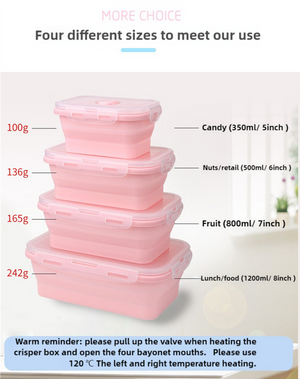 Pink Collapsible Silicone Bento Box Set | 4-Piece Food-Grade Microwave & Freezer Safe