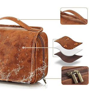Luxury PU Travel Toiletry Bag | Yellowish Brown | Large Capacity, Waterproof, with Dividers