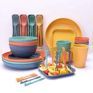 Four-person Set Gre+D3533en Eco-Friendly Wheat Straw Dinnerware Set, Plate, Bowl, Cup & Utensil Set - Lightweight, Reusable, and Durable for Home, School, and Travel