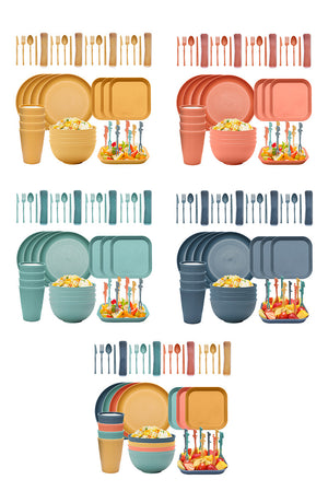 Four-person Set Gre+D3533en Eco-Friendly Wheat Straw Dinnerware Set, Plate, Bowl, Cup & Utensil Set - Lightweight, Reusable, and Durable for Home, School, and Travel