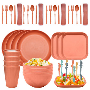Four-Person Set Orange Eco-Friendly Wheat Straw Dinnerware Set | Plate, Bowl, Cup, & Utensil Set