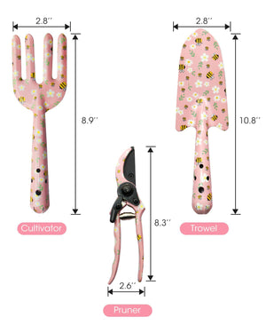 Pink 3-Piece Floral Print Garden Tool Set | Carbon Steel Pruner | Cultivator & Trowel for Gardening