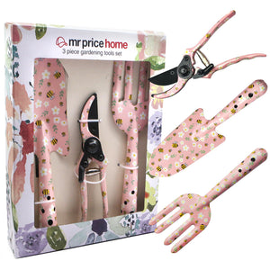 Pink 3-Piece Floral Print Garden Tool Set | Carbon Steel Pruner | Cultivator & Trowel for Gardening