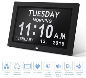 Black 10.1-Inch Digital Clock | Medication Reminders & Multi-Function Alarm | Ideal for Elderly Care