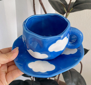 Blue Sky & White Clouds 300ML Underglaze Hand-Pinched Cup & Saucer Set | Ceramic Coffee Mug | Milk Cup | Breakfast Set