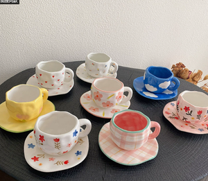 White Background Little Heart 300ML Underglaze Hand-Pinched Cup & Saucer Set | Ceramic Coffee Mug | Milk Cup | Breakfast Set