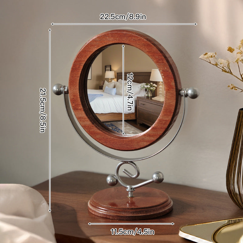 Silver & Brown Vintage Solid Wood Makeup Mirror | 360° Rotation Desktop Vanity Mirror