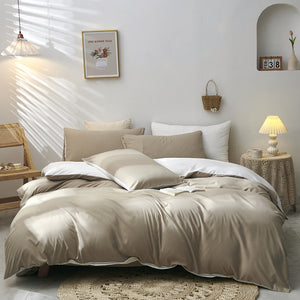 Light Brown-White Stitching Bedding Set | Ultra-Soft Solid Color | 4-Piece | Queen Size | Comfortable Fit