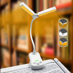White Rechargeable Dual-Head Clip-On Book Light | Touch Control Reading Lamp with Eye Protection