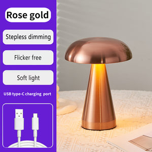 Rose Gold Metal Mushroom Table Lamp | Rechargeable Touch Control Ambient Light with Remote