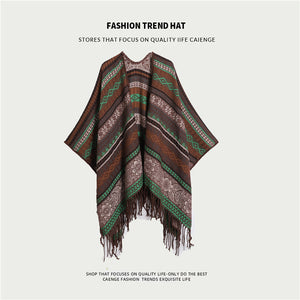 Boho Shawl | Green Plaid | Tassel Split Cape | Travel & Cooling Wear