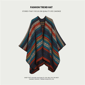 Boho Shawl | Orange & Navy | Tassel Split Cape | Travel & Cooling Wear