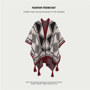 Boho Shawl | Black | Tassel Split Cape | Travel & Cooling Wear