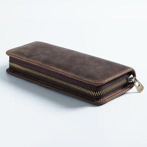 Coffee Genuine Leather Pencil Case - Vintage Zip-Up Pen Holder with Elastic Loops