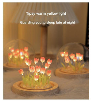(Ten Pink Tulips) Glowing Tulip Dome Lamp | Wooden Base | Bedside Table Decoration