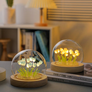 (Ten Blue Tulips) Glowing Tulip Dome Lamp | Wooden Base | Bedside Table Decoration