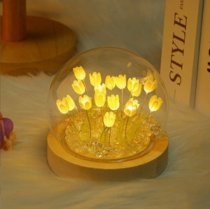 (Ten Yellow Tulips) Glowing Tulip Dome Lamp | Wooden Base | Bedside Table Decoration
