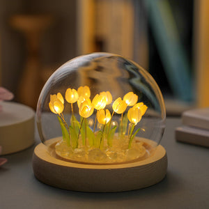 (Ten Yellow Tulips) Glowing Tulip Dome Lamp | Wooden Base | Bedside Table Decoration
