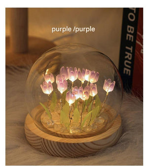 (Ten Purple Tulips) Glowing Tulip Dome Lamp | Wooden Base | Bedside Table Decoration