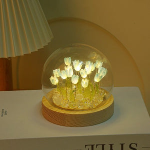 (Thirteen Blue Tulips) Glowing Tulip Dome Lamp | Wooden Base | Bedside Table Decoration