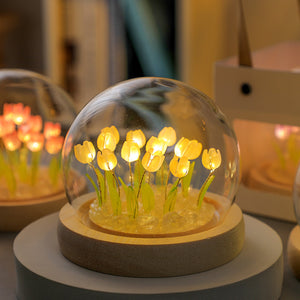 (Thirteen Yellow Tulips) Glowing Tulip Dome Lamp | Wooden Base | Bedside Table Decoration