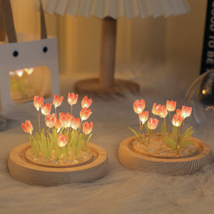 (Thirteen Pink Tulips) Glowing Tulip Dome Lamp | Wooden Base | Bedside Table Decoration
