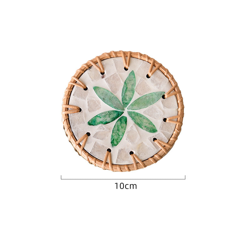 (Green Leaf Pattern) Set of 5 Rattan & Shell Coasters | Decorative & Heat Resistant