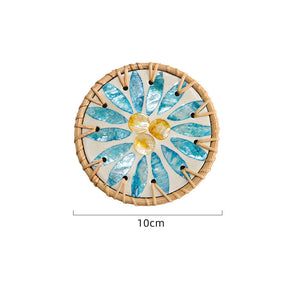 (Blue Leaf Fruit Pattern) Set of 5 Rattan & Shell Coasters | Decorative & Heat Resistant