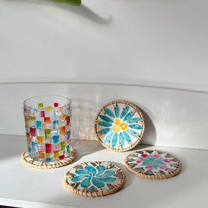 (Blue Leaf Fruit Pattern) Set of 5 Rattan & Shell Coasters | Decorative & Heat Resistant