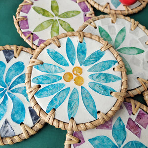 (Blue Leaf Fruit Pattern) Set of 5 Rattan & Shell Coasters | Decorative & Heat Resistant