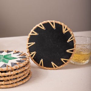(Blue Leaf Fruit Pattern) Set of 5 Rattan & Shell Coasters | Decorative & Heat Resistant