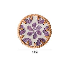 (Purple Heart Pattern) Set of 5 Rattan & Shell Coasters | Decorative & Heat Resistant