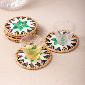 (Tooth Green Pattern) Set of 5 Rattan & Shell Coasters | Decorative & Heat Resistant