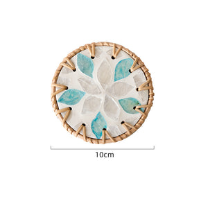 (White Orchid Leaves) Set of 5 Rattan & Shell Coasters | Decorative & Heat Resistant