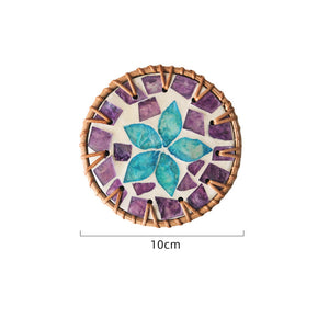 (Purple Blue Flower) Set of 5 Rattan & Shell Coasters | Decorative & Heat Resistant