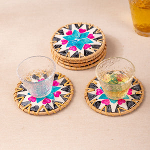 (Love Blue) Set of 5 Rattan & Shell Coasters | Decorative & Heat Resistant