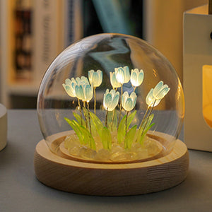 (Sixteen Blue Tulips) Glowing Tulip Dome Lamp | Wooden Base | Bedside Table Decoration